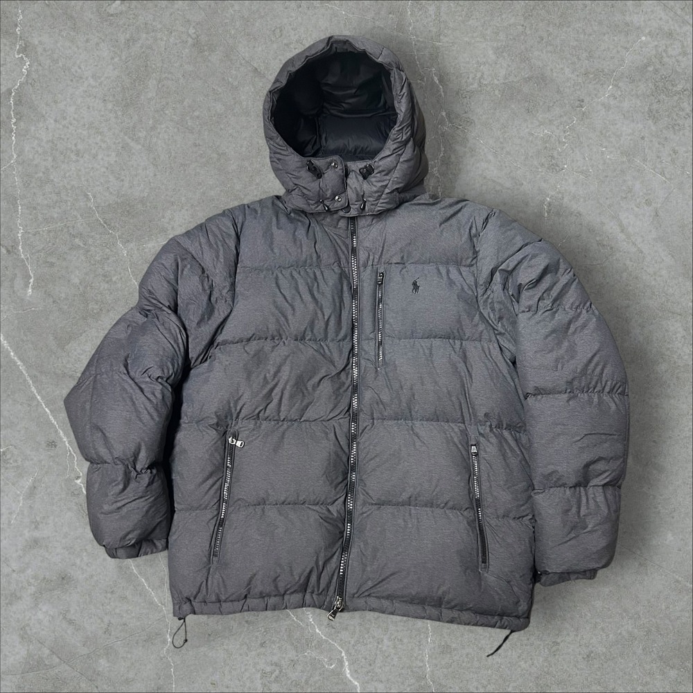 Polo Ralph Lauren Puffer Coat Men Large Grey Down Hooded Quilted Water Repellent